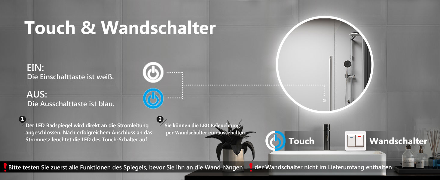 Дзеркало для ванної кімнати Aica LED кругле 50 см, регулювання кольору (холодне/нейтральне/тепле), диммування, функція пам'яті, сенсорне управління, запобігання запотіванню, автоматичне вимкнення (40x40 см)