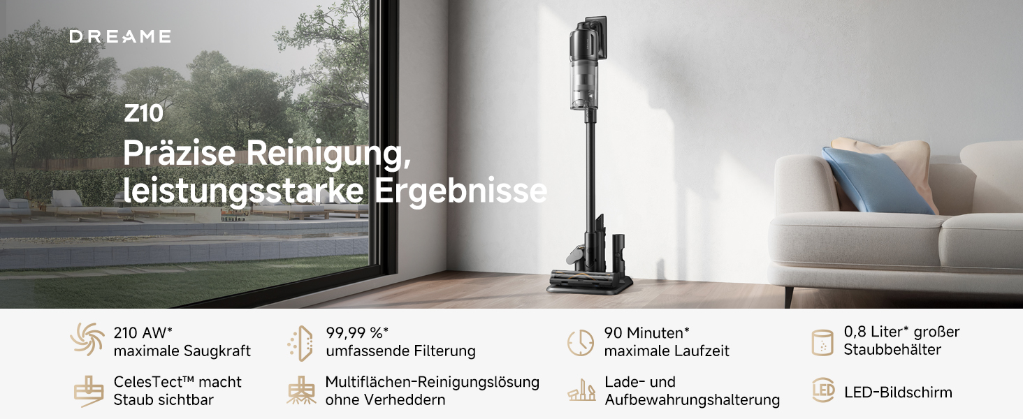 Dreame Z10 - Бездротовий пилосос з потужністю 190AW, 90 хвилин роботи, датчик пилу, LED-дисплей, синій LED, без заплутування, для дому, шерсті тварин, килимів