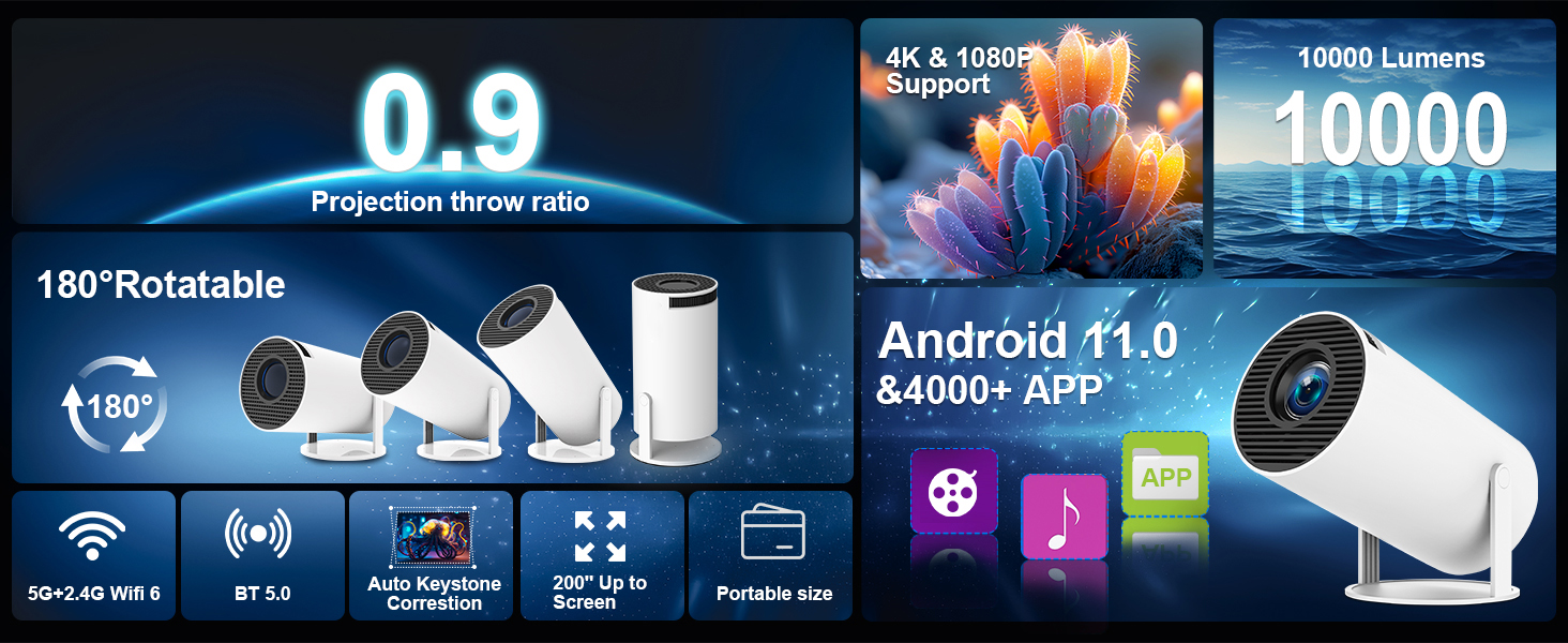 Міні-проектор Video-Beamer 4K/1080p Full HD з Wi-Fi 6, Bluetooth 5.2 та автоматичною корекцією трапеції. Підходить для Android, Netflix, PS5, HDMI, USB.