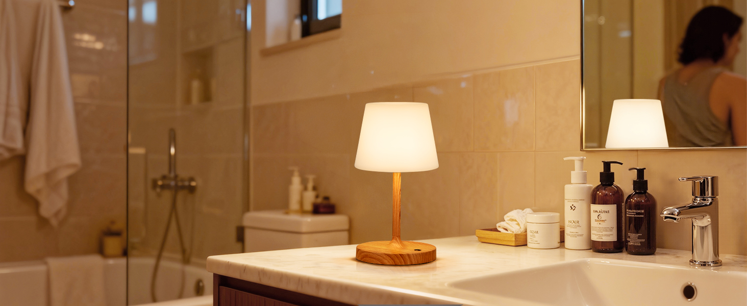 LED настільна лампа бездротова з сенсорним керуванням, регульоване світло, функція пам'яті, для спальні, кафе, відпочинку на природі, з текстурою дерева