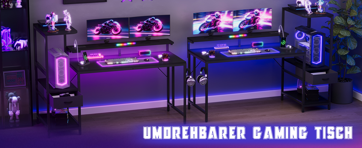 Ігровий стіл JUMMICO 140x60 см з розеткою, LED-підсвіткою та вуглецевим покриттям, обертовий комп'ютерний стіл з підставкою під монітор, шухлядами та підставкою для навушників, чорний
