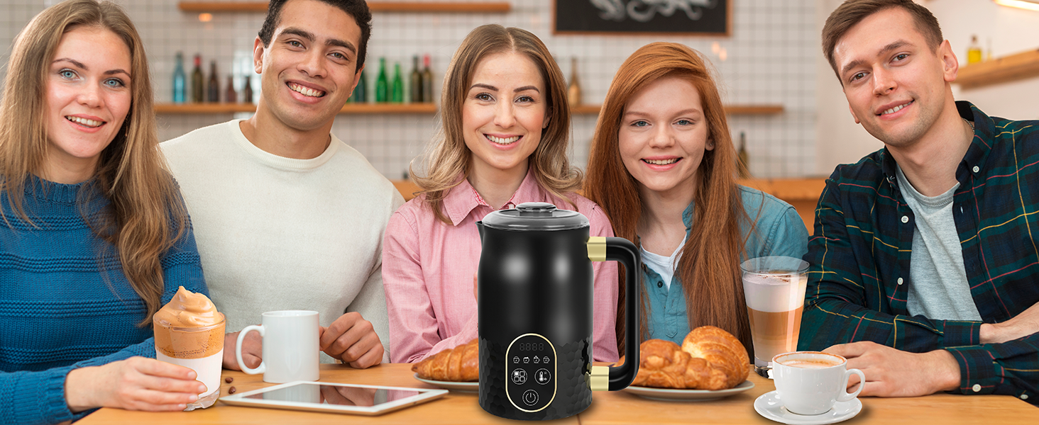 Електричний піноутворювач молока 4-в-1 з контролем температури. Підходить для капучино, лате та гарячого шоколаду. 2 насадки для різних типів пінки.