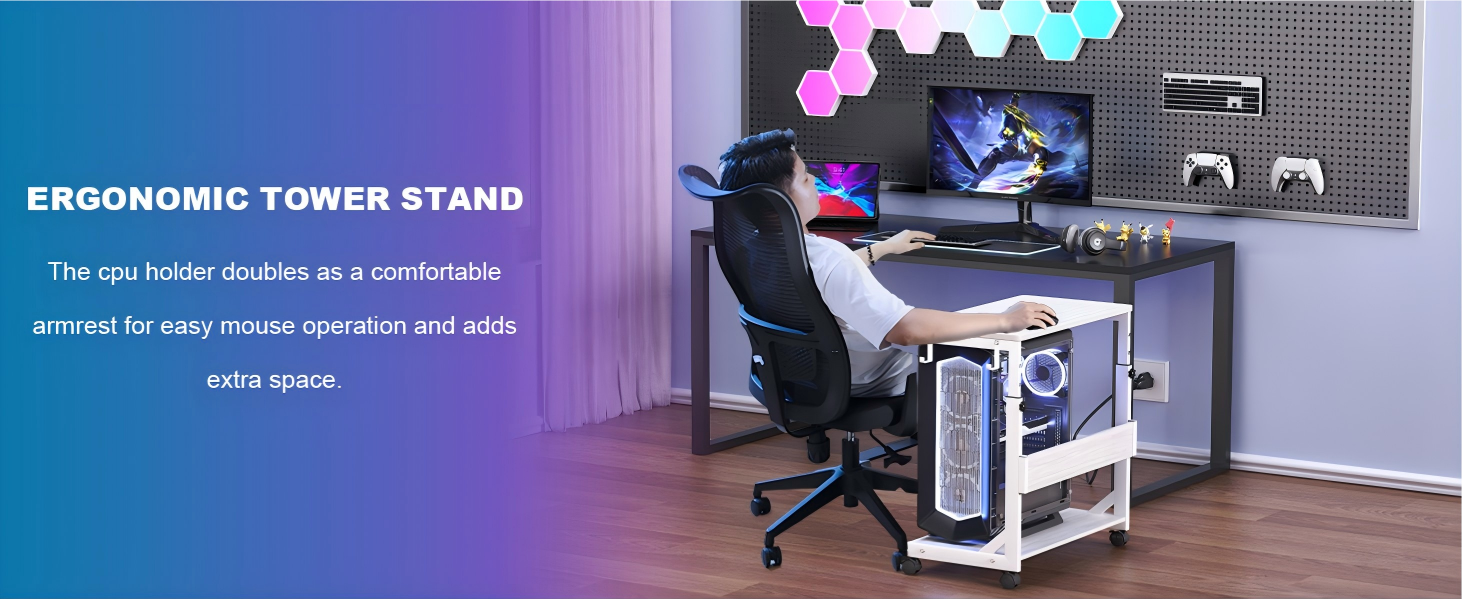 Регульована підставка для комп'ютерного блоку з 2 полицями та місцем для зберігання - для корпусів ATX, принтерів, з фіксуючими колесами (білий, 64 x 64 x 59-84,5 см)