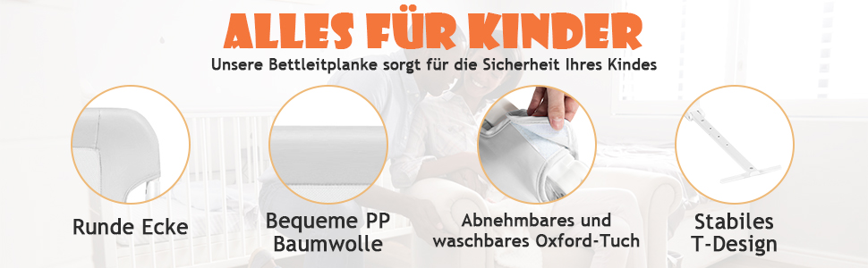 Захисний бортик для ліжка дитячого DREAMADE 150 см, білий - запобігає випаданню, PP та Oxford