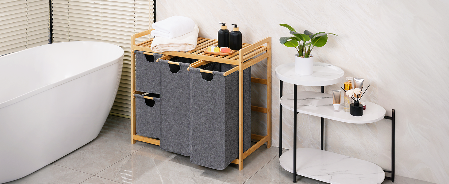 Кошик для білизни iEGrow з 4 відділеннями, 150л, бамбуковий візок для білизни з полицею, місткий кошик для брудної білизни з оксфордської тканини (сірий)