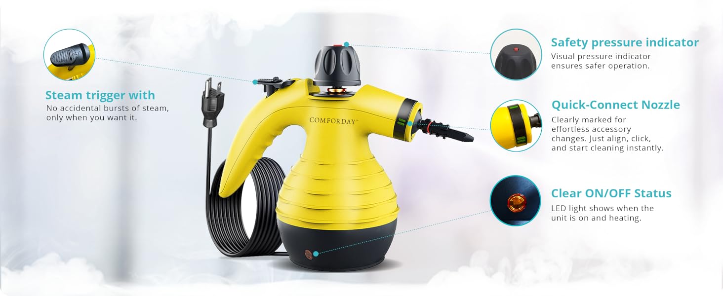 Портативний пароочисник Comforday для дому та авто: видаляє жир, плями та бруд. Зі 9 насадками для чищення диванів, кухні та інших поверхонь.