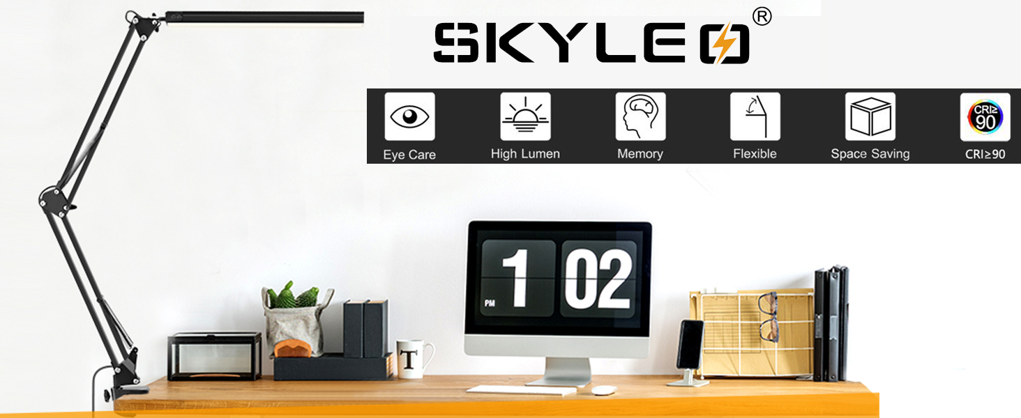Світлодіодна лампа SKYLEO для столу з кліпсою - регулювання яскравості, захист очей, 3 режими, 10 рівнів, чорний колір