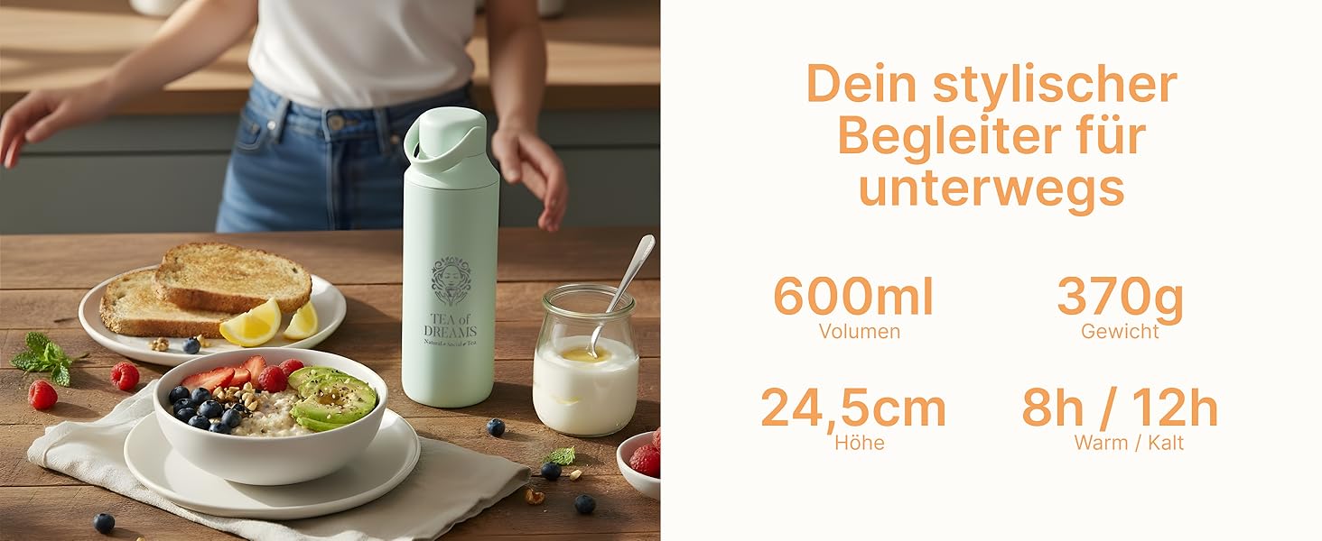 Турботермопляшка для чаю та напоїв 600 мл з нержавіючої сталі, без BPA, з ситом, персиковий колір