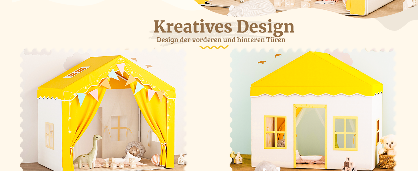 Дитяче намет-будиночок EROMMY 2-в-1 з килимком, прапорцями та світлодіодними смугами, з двома дверцятами, з даховим віконцем, для дому, від 3 років (Жовтий)