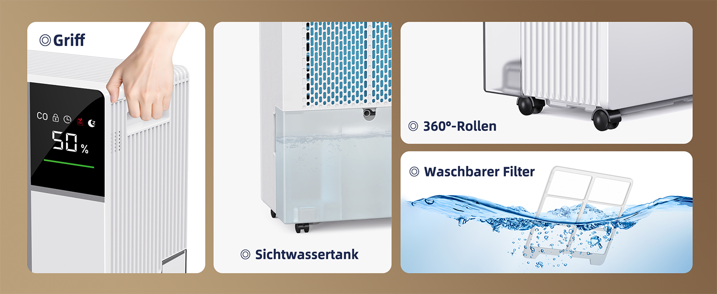 Електричний осушувач повітря Fwoueot 16L/24h для дому: осушувач з компресором, 16л/24г, для приміщень до 45м², автоматичне відтанення, 3 режими, таймер 24г, великий бак 2л, з колесами, для спальні