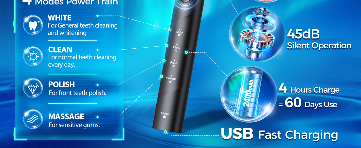 Електрична зубна щітка Rotierende для дорослих з 8 насадками, 4 режимами чищення, акумулятором на 60 днів та смарт-таймером 2 хв - професійна електрична зубна щітка (чорна)