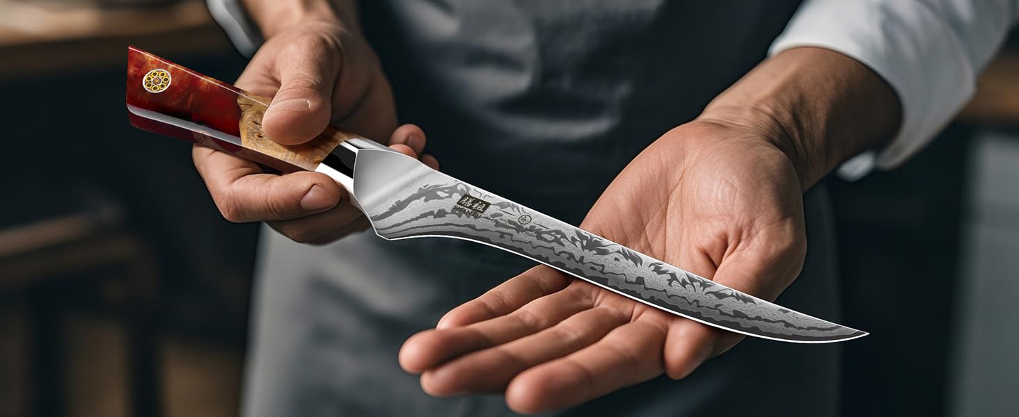 Набір кухонних ножів SHAN ZU Damast: професійний кухонний ніж шеф-кухаря 20 см, ніж для обробки овочів 18 см, з ручкою з акації, серія WHITE TIGER