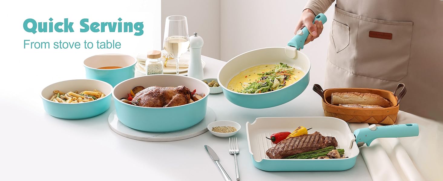 Набір каструль SENSARTE з керамічним покриттям (17 предметів) – антипригарне посуд з знімними ручками, для всіх плит, безпечне, миється в посудомийній машині, сумісне з духовкою (Турквіс)