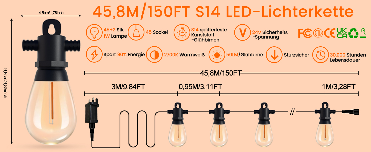 LED гірлянда для зовнішнього використання 30 метрів з пультом, S14, 100 футів, IP65, водонепроникна, 30+2 лампочки, для саду, тераси, балкону, двору, тепле біле світло (2700k, 45 м)