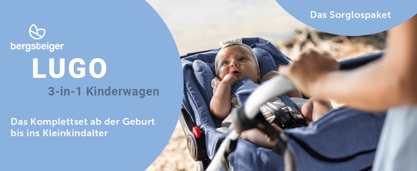 Дитяча коляска Bergsteiger Lugo 3в1 | Комплект: люлька, прогулянковий блок, автокрісло | Isofix база (синій)