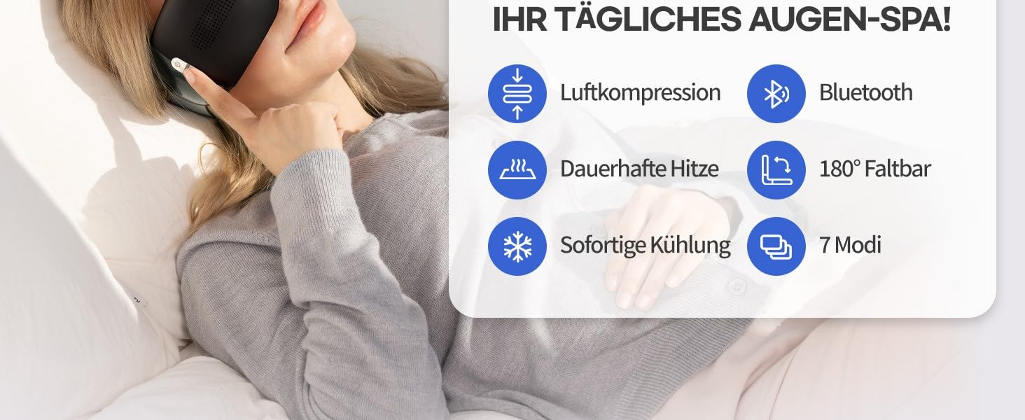 Масажер для очей HubiCare з підігрівом та охолодженням, компресією та вібрацією. Зняття мігрені, сухих очей, втоми. Bluetooth, білий (чорний)