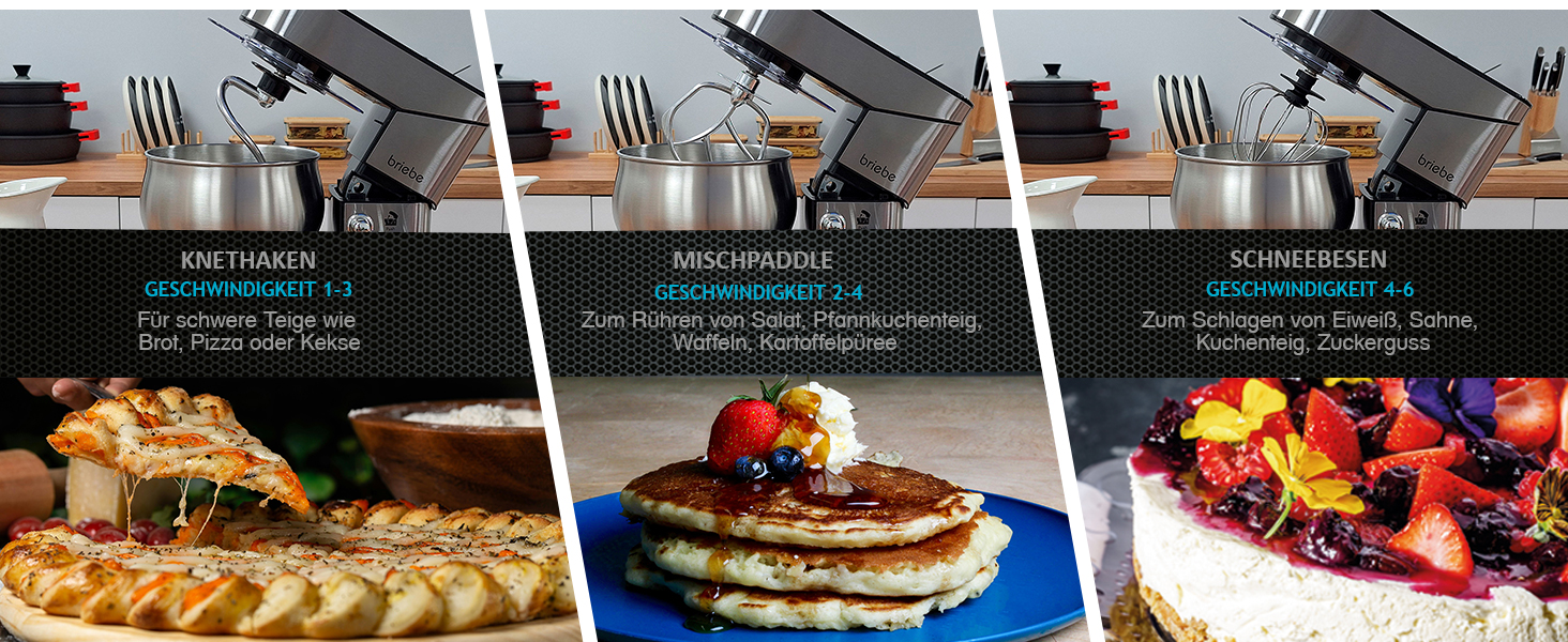 Професійна кухонна машина для замішування тіста Briebe KM1114, 1800W, 5л, 6 швидкостей, збірна чаша, міксер, гак для тіста, венчик