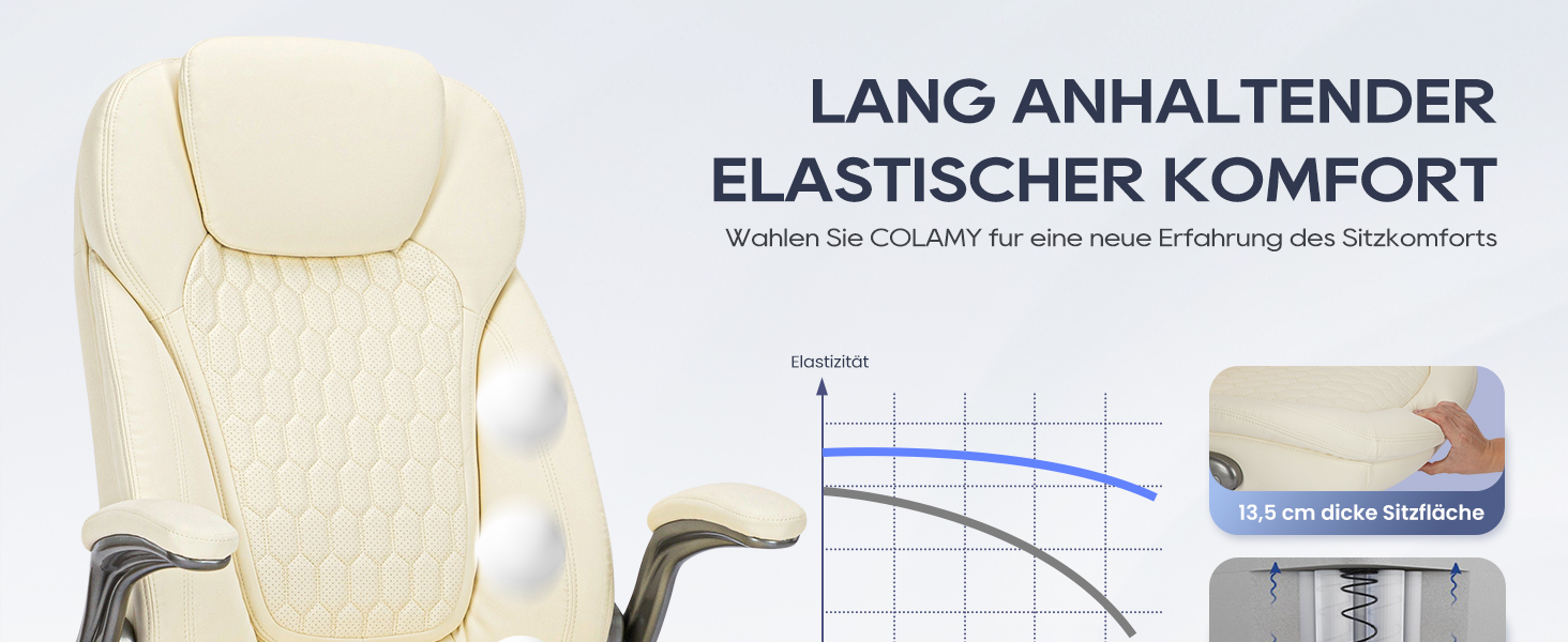 Крісло для офісу Colamy: ергономічне крісло з дихаючої шкіри, підголівник, регульовані підлокітники та м'яке сидіння з пружинним блоком, для дому та офісу (слонова кістка)