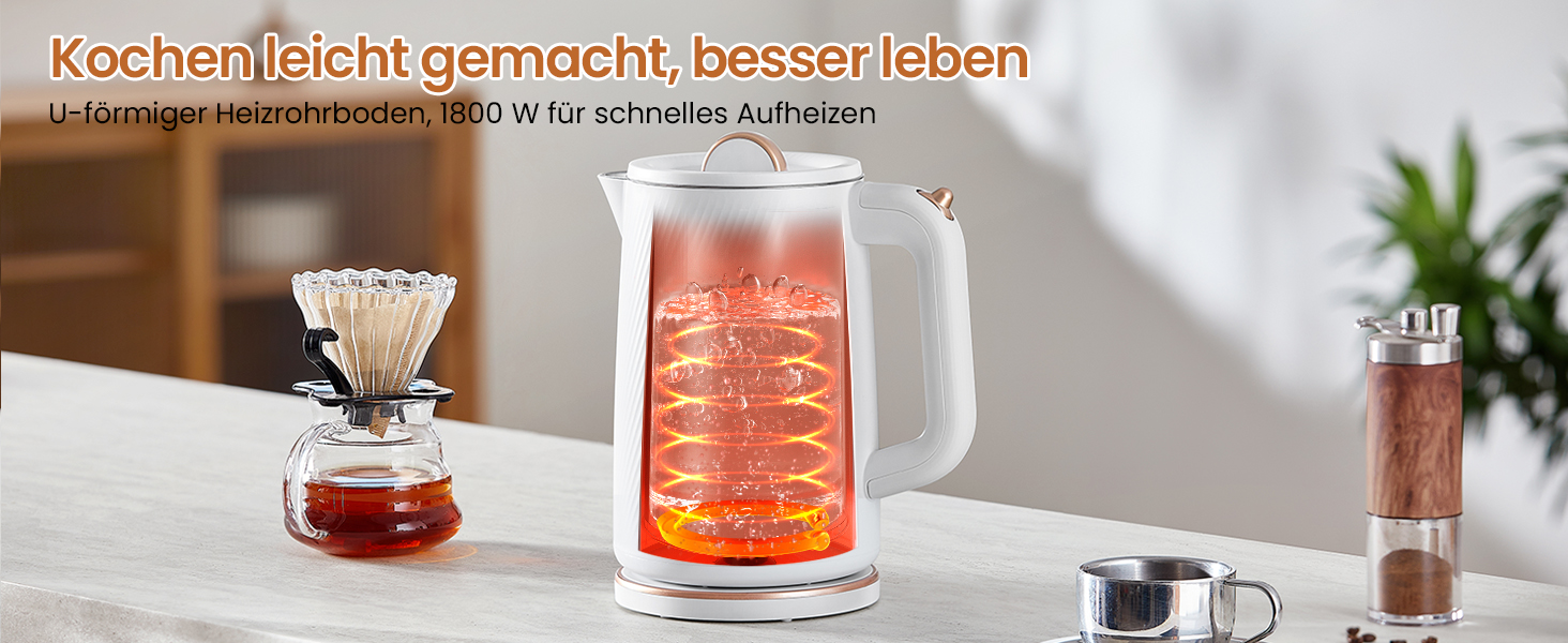 Електричний чайник OLEGA 1.8L, 1800W, з нержавіючої сталі, автоматичне відключення, захист від сухого кип'яття, білий