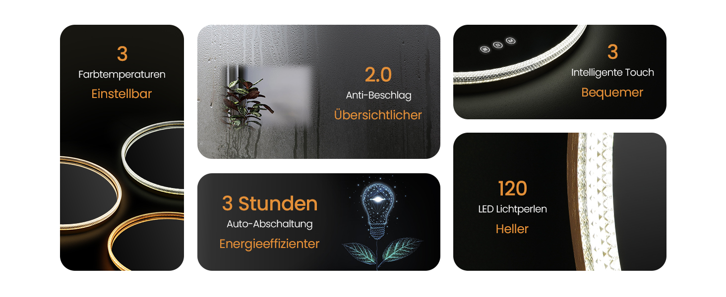 Дзеркало для ванної кімнати EMKE з підсвічуванням, 80 см, 3 кольори світла, регулювання яскравості, антизапар, сенсорне управління, функція пам'яті, енергозбереження, кругле, золотий фрейм (60x60 см)