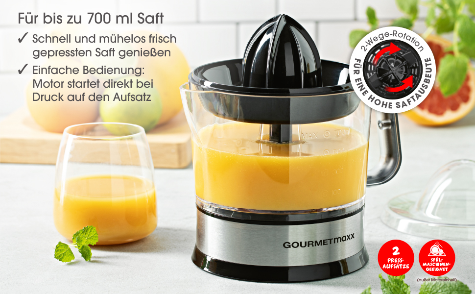 Електрична соковижималка GOURMETmaxx для цитрусових та апельсинового соку 700 мл | Прес для цитрусових з насадками для свіжого смаку | 40 Вт, прозорий/сріблястий