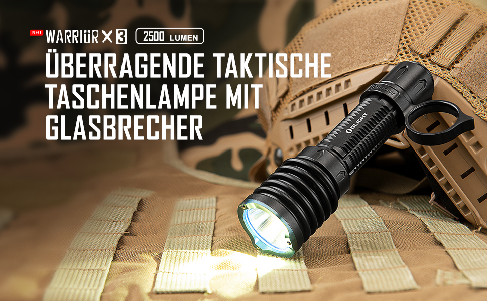 Світлодіодний ліхтарик OLIGHT Warrior x 3 2500 люмен 560 метрів, USB перезаряджається яскравий тактичний ліхтарик IPX8 водонепроникний зі скляним вимикачем для активного відпочинку, кемпінгу, піших прогулянок(чорний)