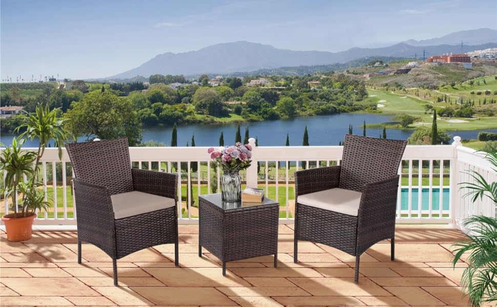 Набір садових меблів Yaheetech з поліротангу для балкона та саду: стіл та 2 крісла з подушками, коричневий