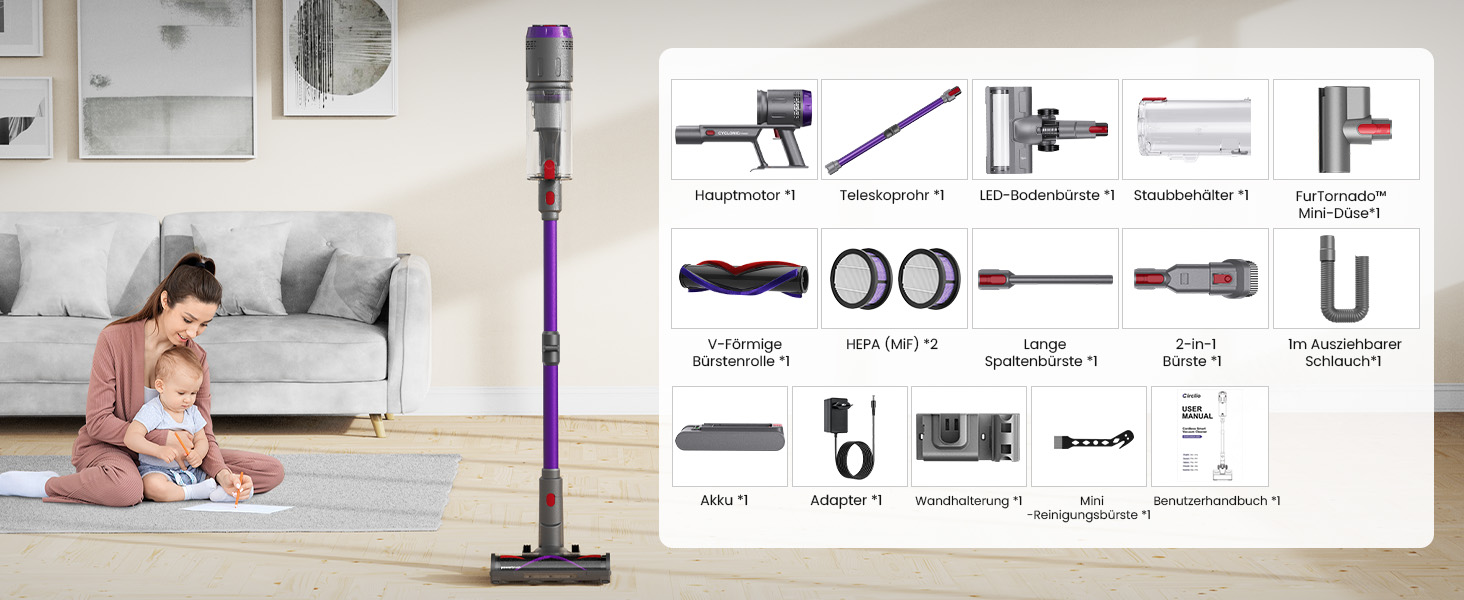 Бездротовий пилосос Circlio Akku з потужністю 600W, 58000Pa, 75 хвилин роботи, FurTornado™ Mini-насадка та станція зарядки, гнучкий згин, самостійна підставка, для килимів, твердих підлог, шерсті тварин. З щіткою для видалення кліщів NOVAX T80 Flex