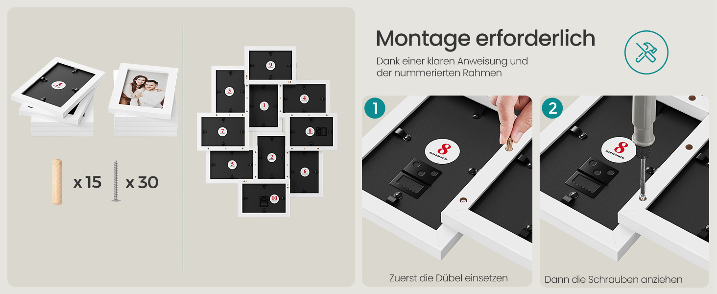 Фоторамка SONGMICS на 10 фото 10x15 см, біла, дерев'яна (MDF) для колажу RPF20WT