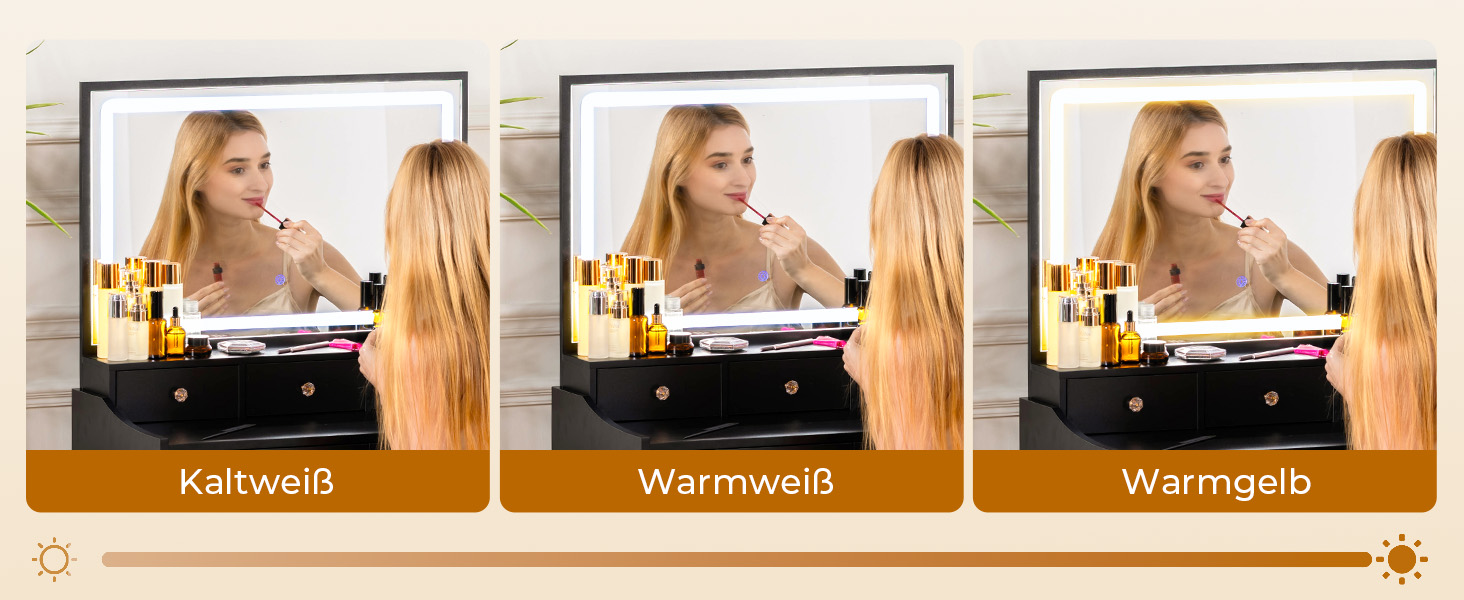 Трюмо COMHOMA з підсвічуванням, дзеркалом та прихованою LED-смугою, зі стільцем та 5 висувними ящиками, з розеткою, 3 колірні температури та регульована яскравість, білий (чорний)