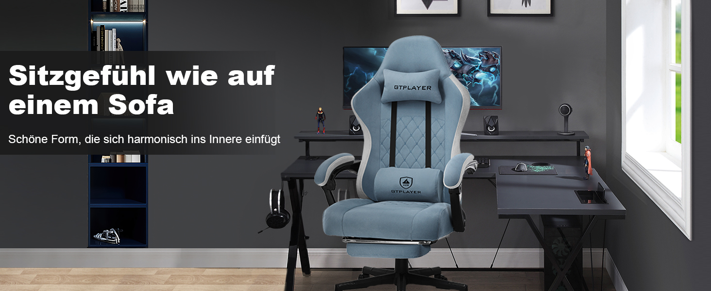 Ігровий крісло LUCKRACER з тканини, комп'ютерне крісло для офісу з підніжкою, racing крісло геймерське, до 150 кг, регулювання спинки 90-135°, ергономічне, 360° обертання, світло-блакитний колір