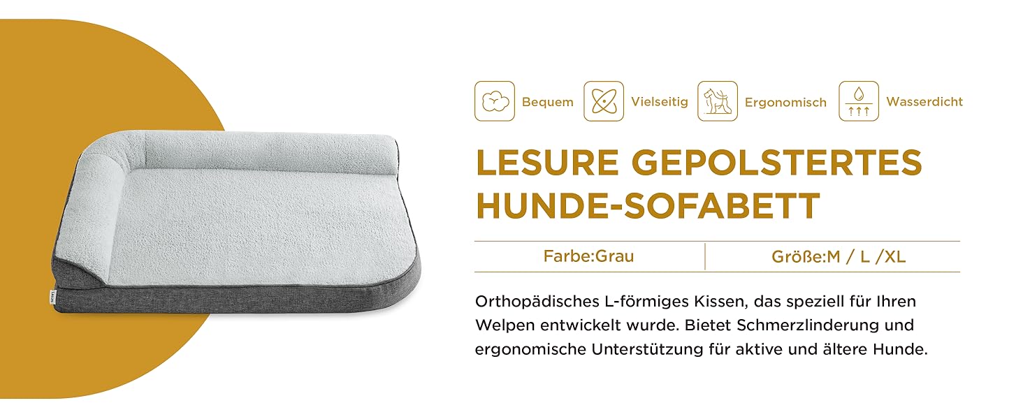 Ортопедичне ліжко для собак Lesure Середні собаки - 91.4x68.5x16.5см, можна прати, водонепроникне, сірий