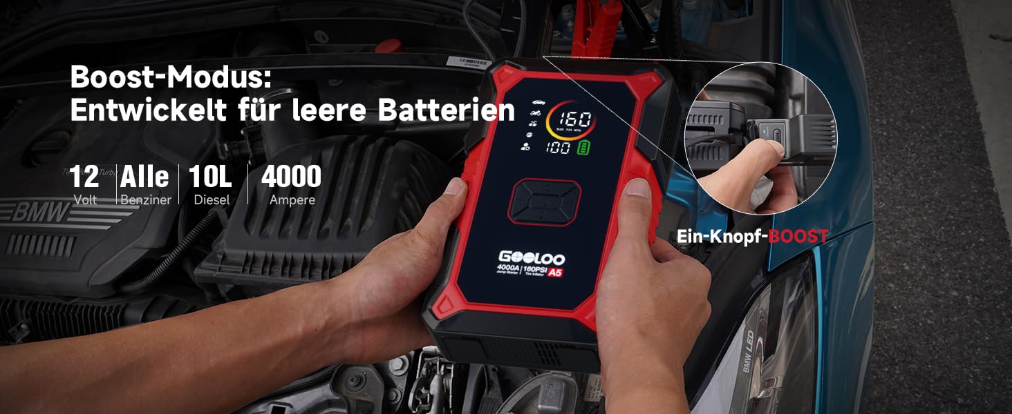 Пусковий пристрій GOOLOO A5 4000A з компресором 160 PSI та функцією Powerbank, червоний
