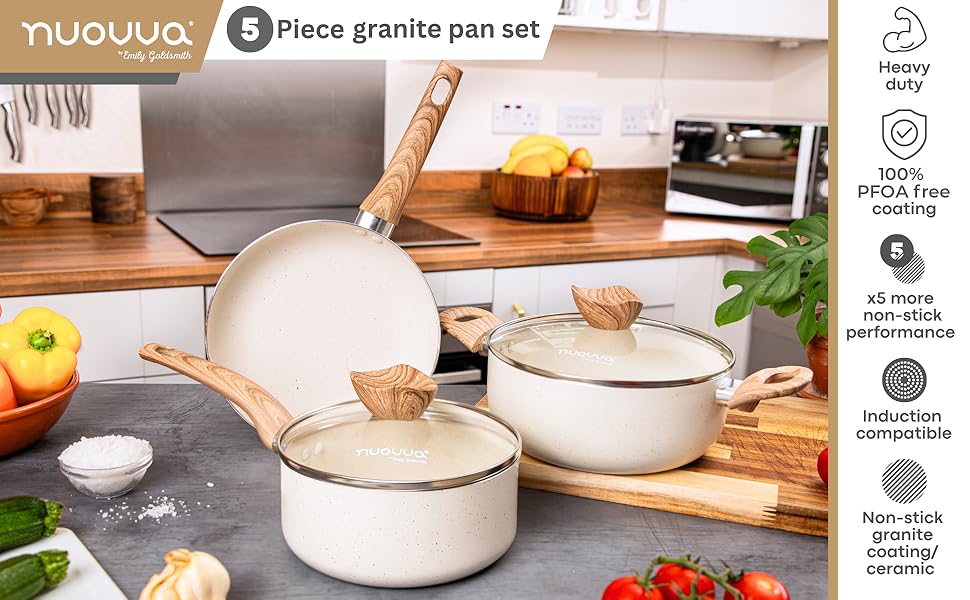 Набір каструль та сковорідок з антипригарним покриттям Nuovva - 8 шт. з кришками, кремовий граніт, для індукційних плит