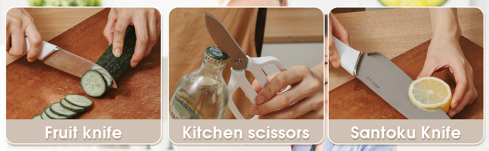 Набір ножів ZEEKMUSS: 6 ножів, точилка, кухові ножі з нержавіючої сталі, кухові ножі, кухорі ножиці, брусок для заточування, кухонні аксесуари, подарунок (чорний)