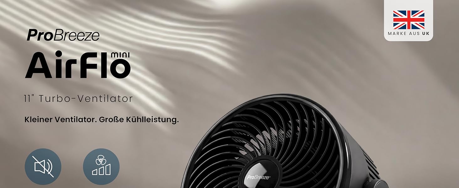 Pro Breeze AirFlo Mini Настільний Вентилятор: Тихий Турбо Вентилятор з 3 Швидкостями, Нахилом 90° та Потужним Потоком Повітря 4.2 м/с, Компактний для Офісу, Спальні та Дому (Чорний)