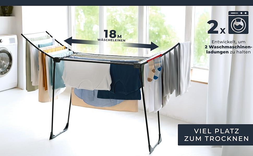Розкладна сушарка для білизни XXL, 20 м сушильної поверхні, економна, стабільна, чорна з прищіпками (Чорна Невада)