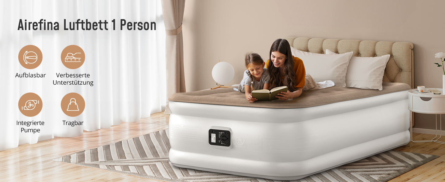 Надувне ліжко Airefina з самонадувною системою та інтегрованим насосом, 203 x 152 x 46 см (1 особа), для кемпінгу та дому