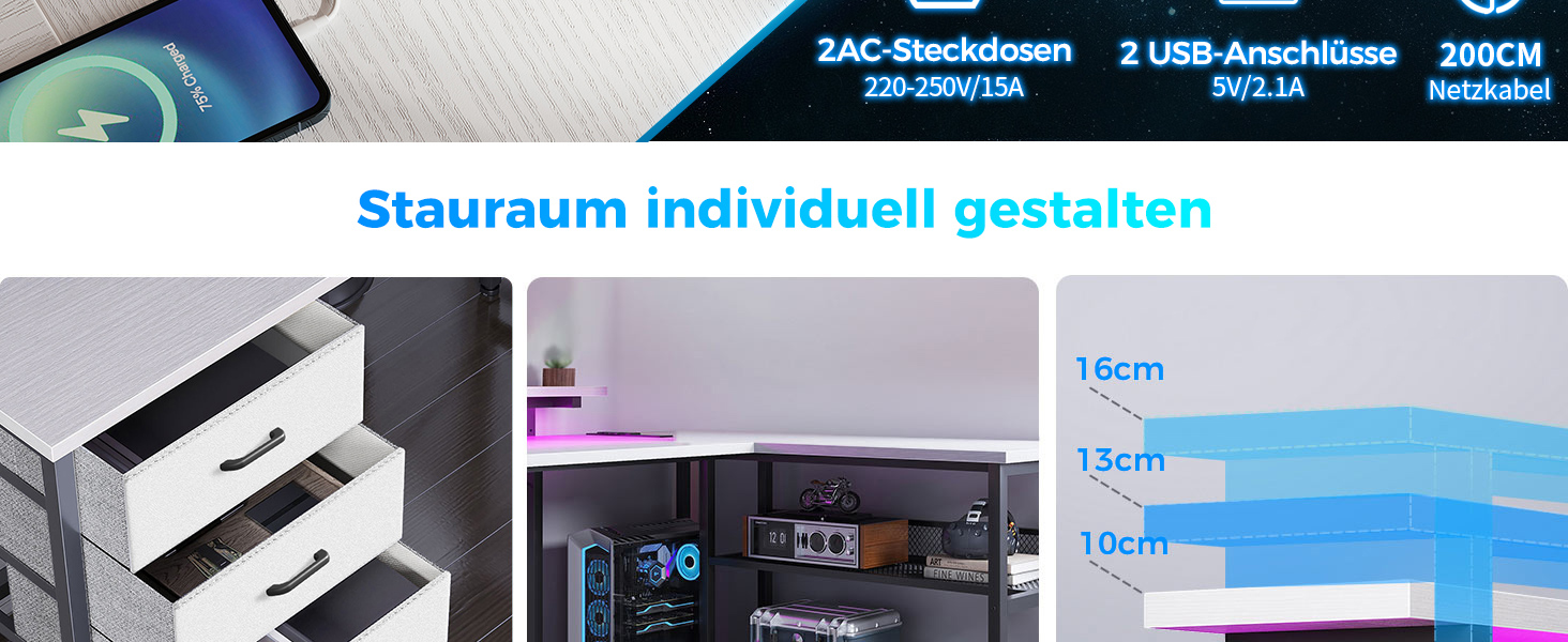 Кутовий стіл ODK з 4 шухлядами, місцем для зберігання, 2 розетками та 2 USB-портами для зарядки, з підсвічуванням LED та підставкою для монітора, 167×102 см, білий