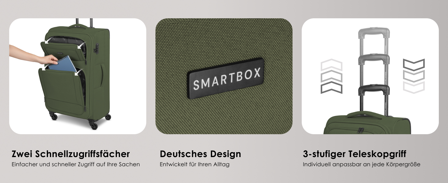 Набір валізак Smartbox (3 шт.) для жінок та чоловіків | Легкі та міцні валізи-ролери, розширювані, з кодовим замком, 4 колеса, чорний колір