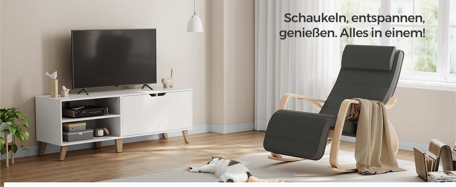 Крісло-гойдалка SONGMICS з підставкою для ніг, з підлокітниками, з натурального дерева, до 150 кг, сіро-натуральне, LYY10G