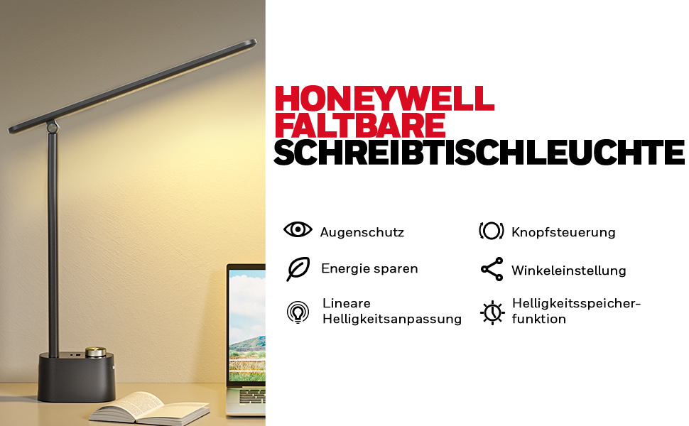 Настільна лампа Honeywell з USB, з можливістю затемнення, легко для очей, складна, HWT-H01 (чорна)