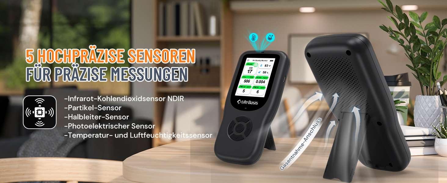 Детектор якості повітря LifeBasis 10 в 1: формальдегід, AQI, PM2.5/PM10, HCHO, TVOC, CO2, температура, вологість. USB зарядка для дому та офісу