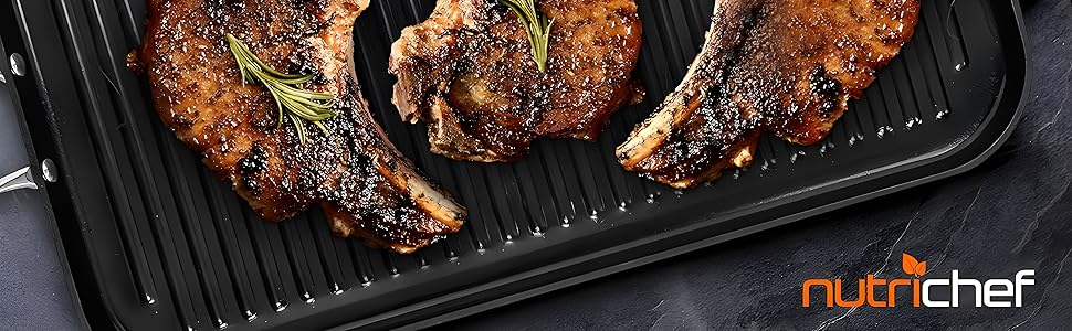 НутріШеф Гриль-плита 56 см – чавунна сковорода-гриль з антипригарним покриттям та жолобками для збору жиру, стійка до високих температур. Підходить для газового гриля, плити, BBQ та приготування їжі в приміщенні.