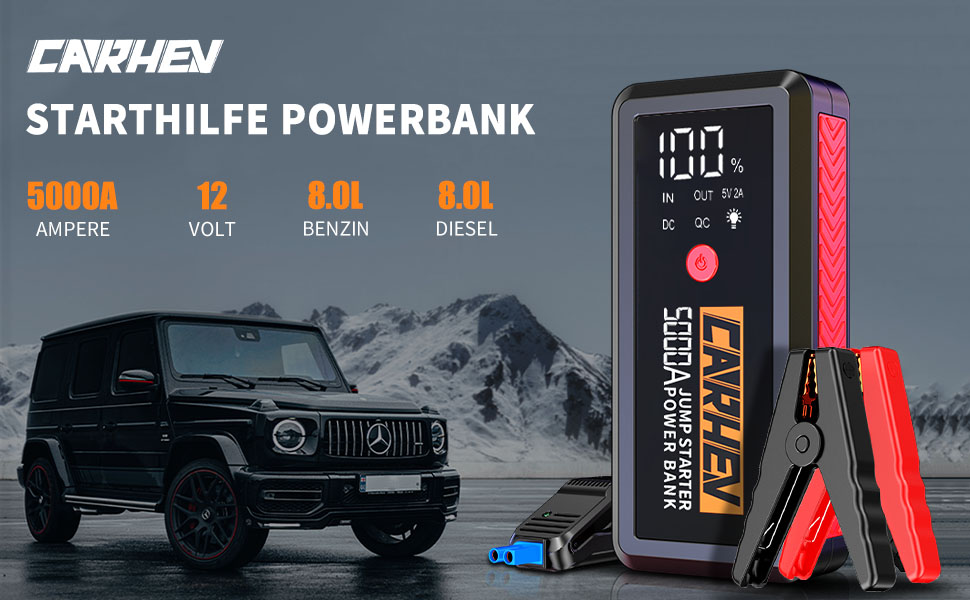 Powerbank для авто Starthilfe 5000A: зарядний пристрій, бустер, 12V, 8.0L бензин/дизель, USB, LED ліхтарик