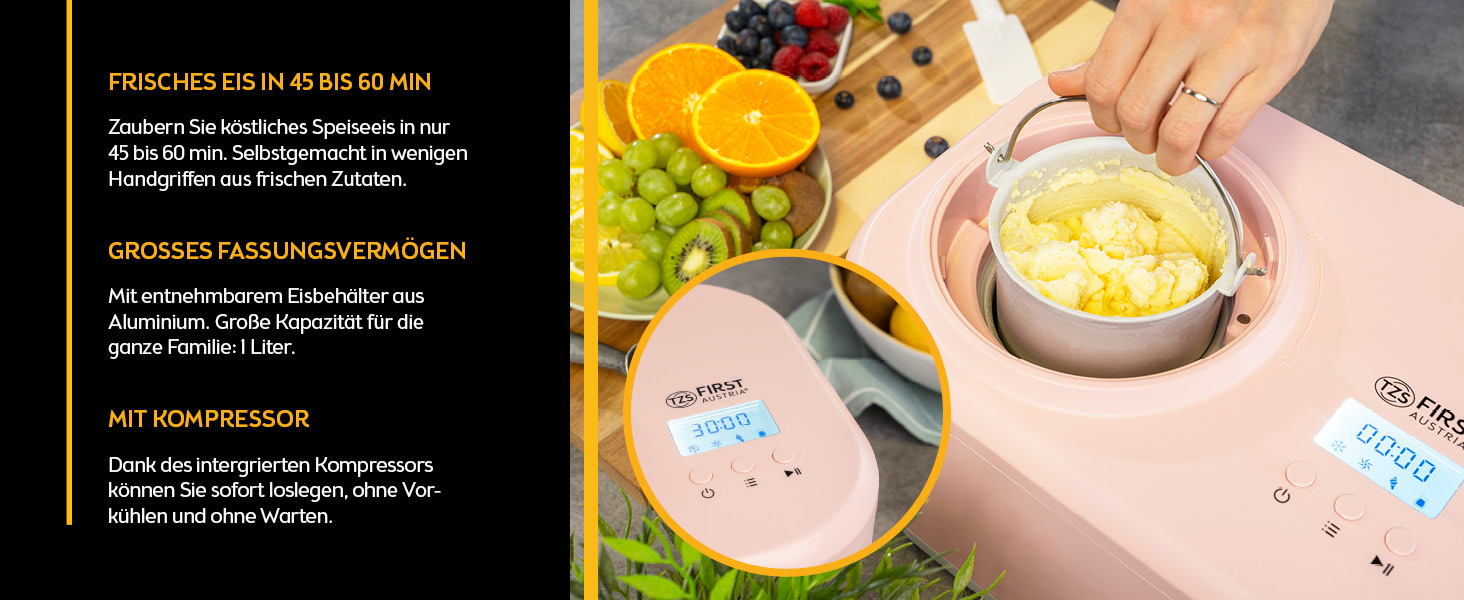 Електрична машина для приготування морозива TZS First Austria 1L з компресором 3 в 1 - для морозива, сорбету та замороженого йогурту, з мірним стаканом та лопаткою, рожева