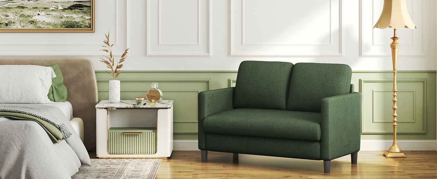 Диван 2-місний, компактний, 130 см, зелений. Зручний диван для підліткової кімнати, легко збирається без інструментів. Дивани з масиву дерева, компактні дивани для вітальні.