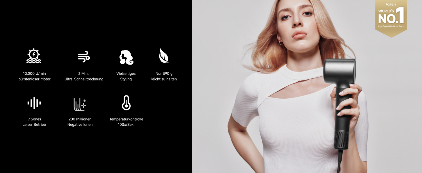 Фен для волосся Laifen Neo Special з безщітковим двигуном 110 000 об/хв, іонізацією 200 млн негативних іонів та інтелектуальним контролем температури, 2 магнітні насадки, колір Starlight Black