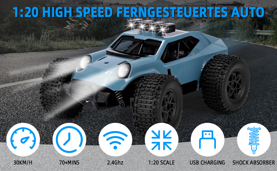 Радіокерований позашляховик Monstertruck 1:20 2.4GHz з фарами, 3 акумулятори (70 хв роботи) - іграшка для дітей та дорослих