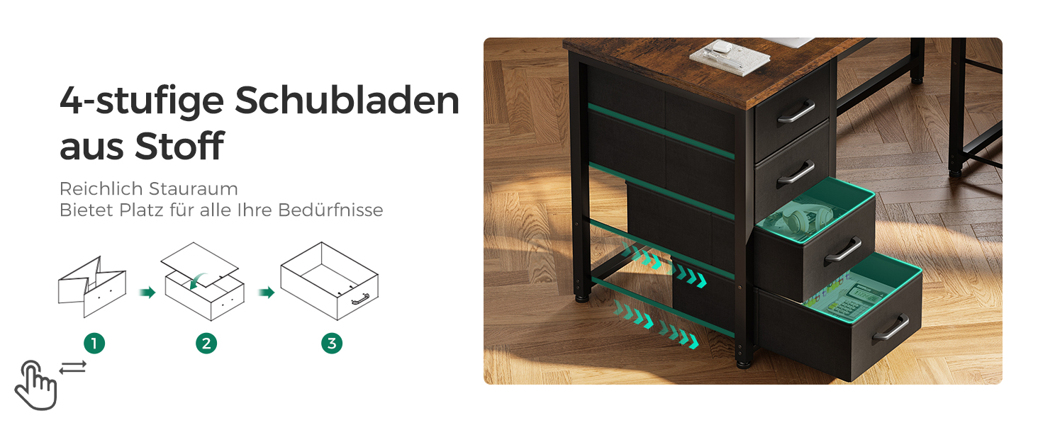 Комп'ютерний стіл Coleshome L-подібний з висувними ящиками з тканини, USB-роз'ємом та розеткою, для дому та офісу (Колір: Коричневий, 140x70 см)